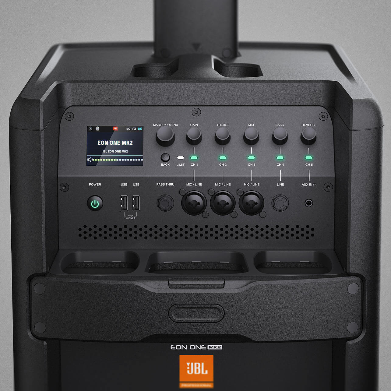 The JBL EON One MK2 all-in-one column PA system, ID design hero shots